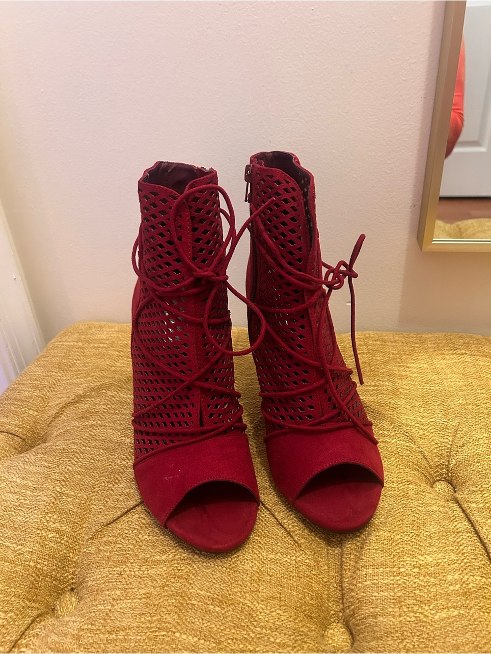 Red Lace-Up Peep-Toe Heeled Booties